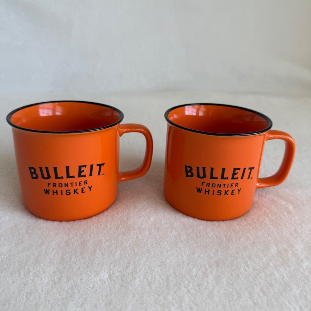 Set of 2 BULLEIT Whiskey Bourbon Ceramic Orange Mug‎ Cups Coffee Hot Toddy Cup